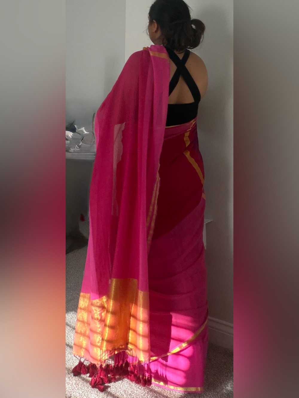 Mul cotton/ soft linen maroon, Pink and Gold saree